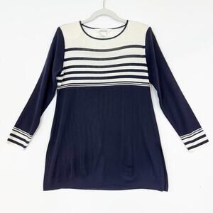 Exclusively Misook Long Sleeve Knit Top Lightweight Sweater Navy & Cream Small